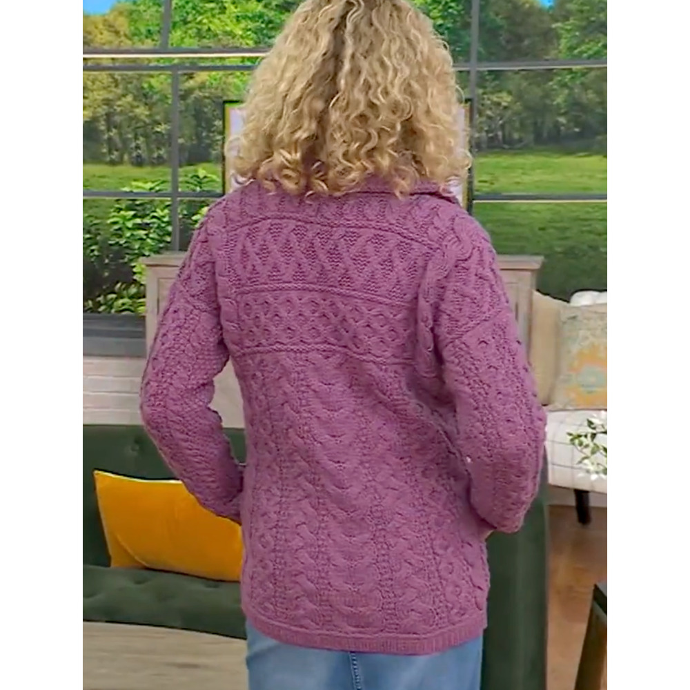 NEW ARAN CRAFTS PLUM MERINO WOOL ZIP FRONT CABLE KNIT CARDIGAN SWEATER COAT XXL - Picture 3 of 16